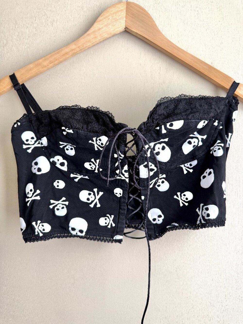 Dolls Kill Trickz N' Treatz Skull and Crossbones Lace Up Crop Top Women's Large